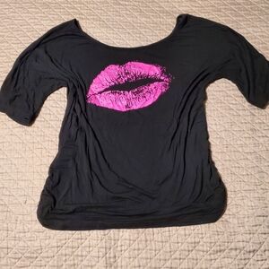 Black T-Shirt with Pink Lips Graphic